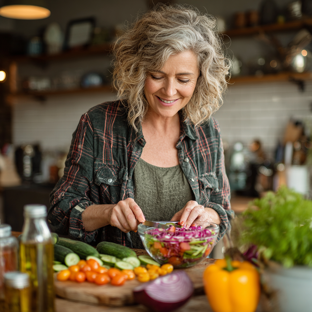 Mature woman in her 40s preparing a healthy colorful salad in a modern kitchen, smiling while adding fresh vegetables to a bowl
