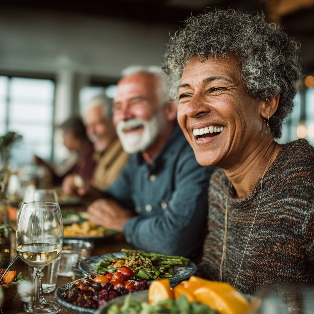 Diverse group of middle-aged people aged 40-55 sitting around a table with healthy colorful meals, laughing and enjoying nutritious food together in a bright dining room